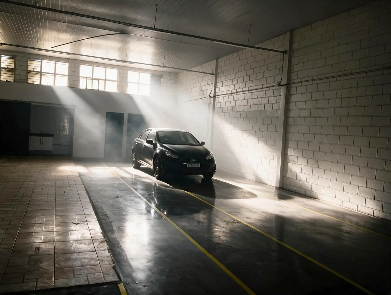 Carro posicionado na baia de serviço, com luz natural entrando pelas janelas.